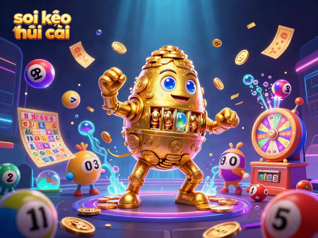 Soi kèo nhà cái showcases the golden golem surrounded by vibrant lottery elements, emphasizing exciting betting opportunities.