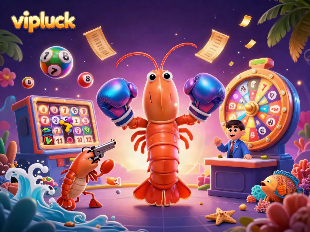 Engage with vipluck as the mantis shrimp boxer takes center stage, surrounded by lively casino elements.