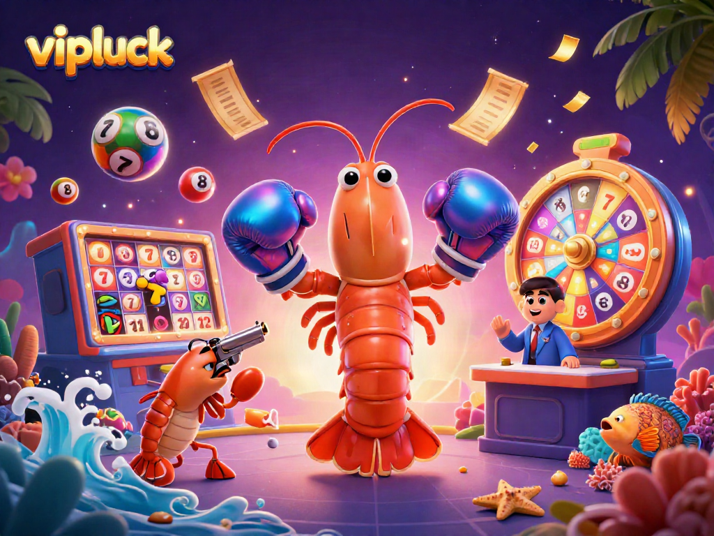 Engage with vipluck as the mantis shrimp boxer takes center stage, surrounded by lively casino elements.