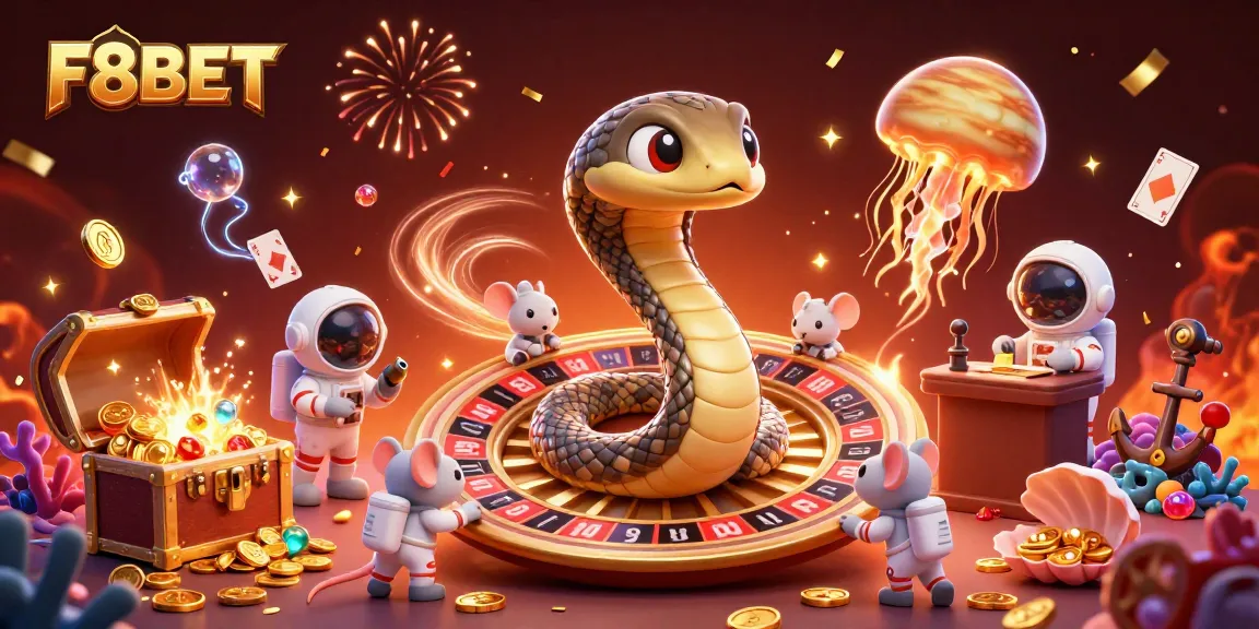 F8BET captivates players with a vibrant 3D casino scene featuring colorful characters and dynamic gambling elements.