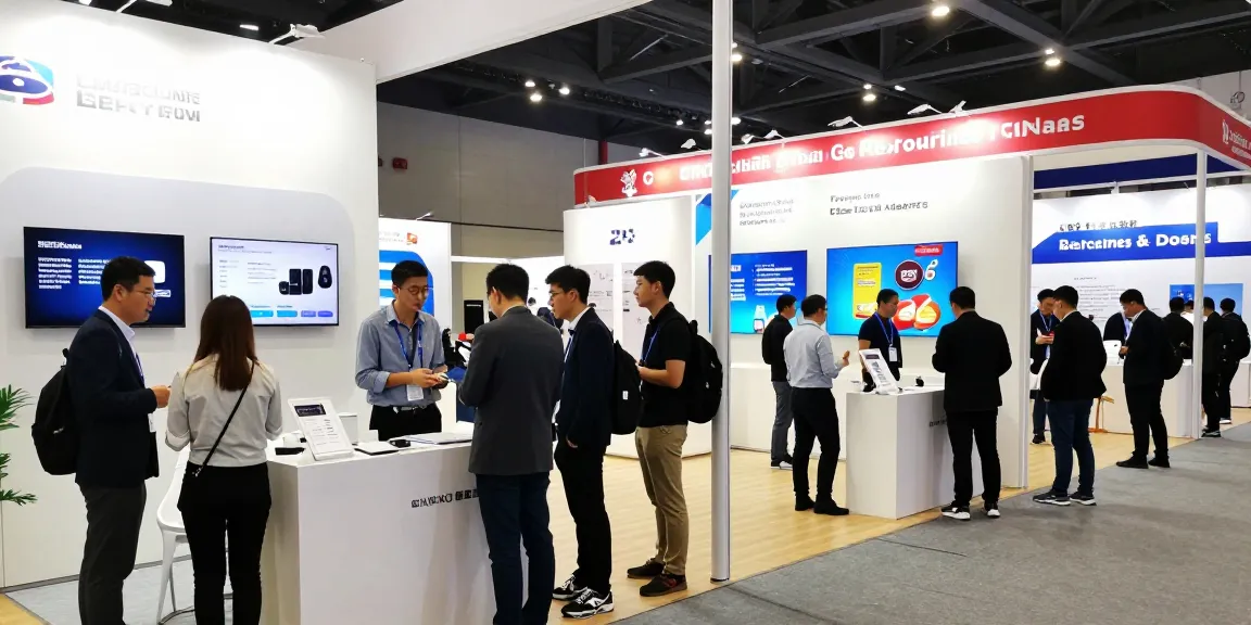 Exhibitors presenting innovative products at a vibrant trade show.