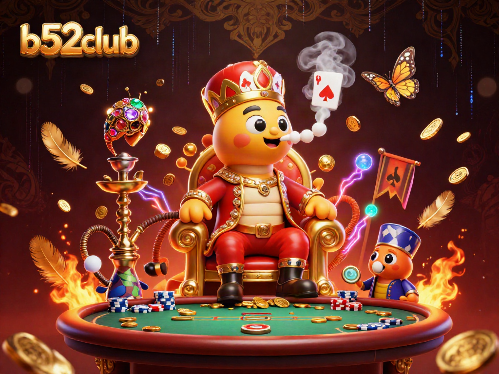 Experience the thrill of winning at b52club with a vibrant 3D illustration of poker action and casino excitement.
