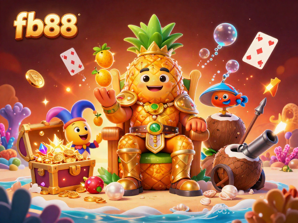 Experience the lively atmosphere of fb88 with a 3D golden pineapple king in a dynamic casino scene.