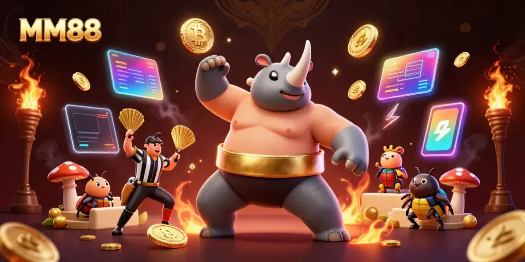 Experience thrill at MM88 with a dynamic sumo beetle champion amid flying coins and crypto excitement.