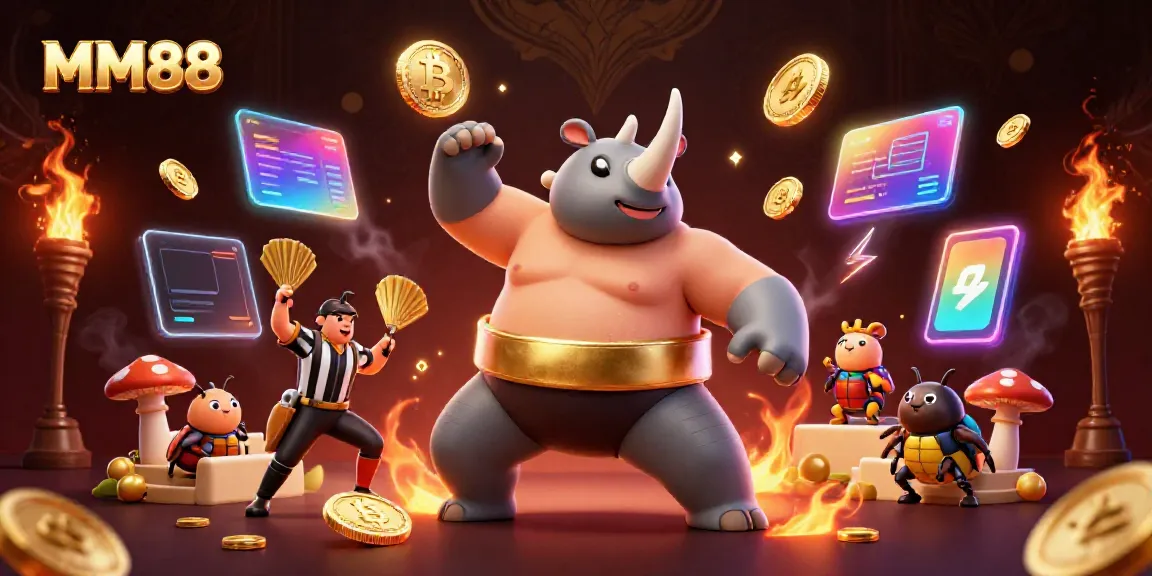 Experience thrill at MM88 with a dynamic sumo beetle champion amid flying coins and crypto excitement.