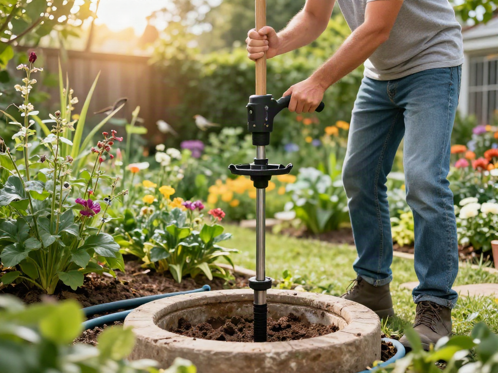 Brunnenbohrungen im Garten mit Hausbesitzer, der begeistert einen Brunnen für die Bewässerung bohrt.