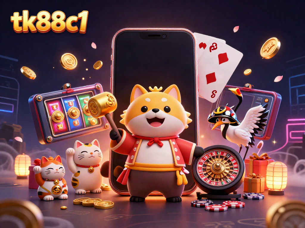 Engage in the vibrant casino experience of tk88c1 with charming 3D characters celebrating luck and fortune.