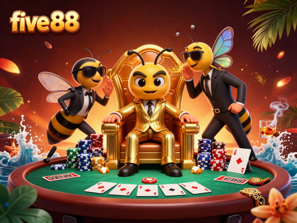 Experience excitement at five 88 with a lively casino scene featuring poker action and animated characters.