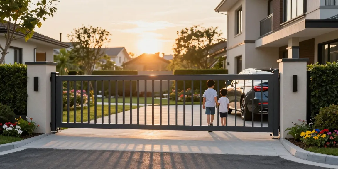 Schiebetore am modernen Wohnhaus, Familie fährt vor, sicheres und elegantes Design.