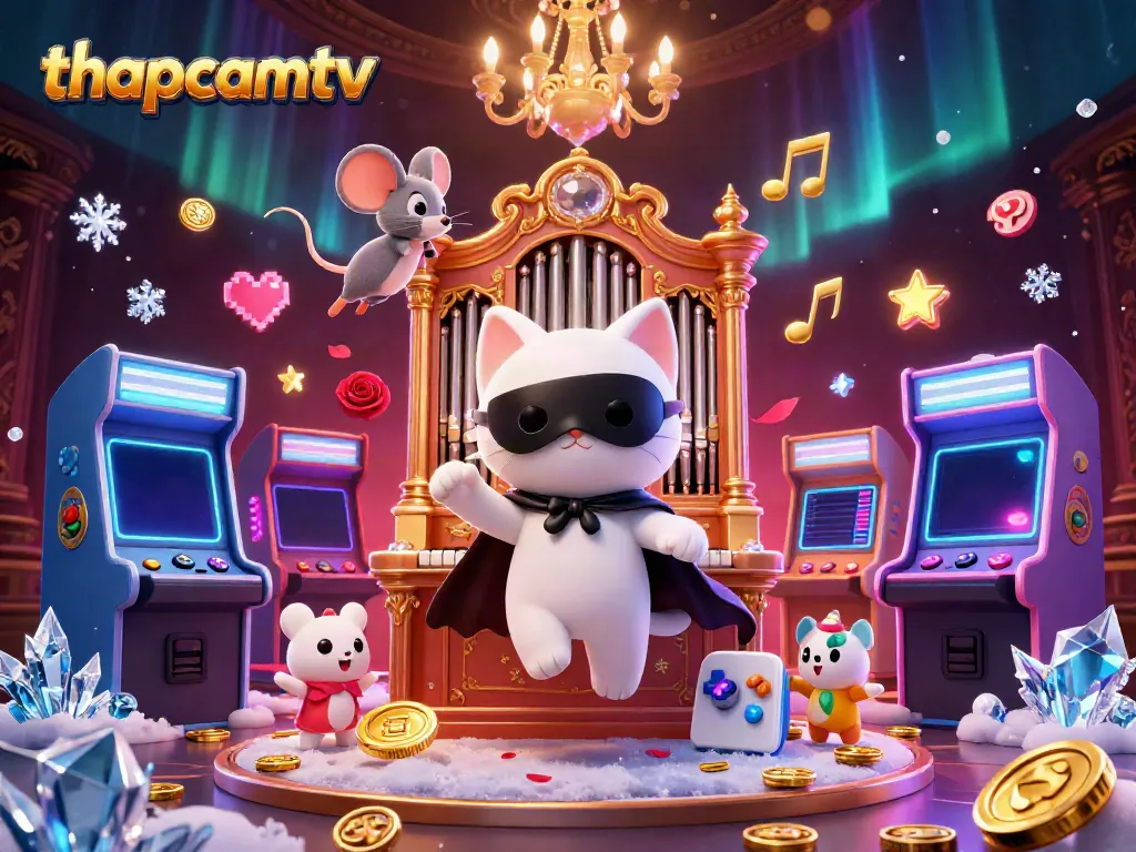 Experience thapcamtv with a vibrant casino-themed illustration of a whimsical scene featuring a masked cat and mouse acrobat amidst dynamic gaming elements.