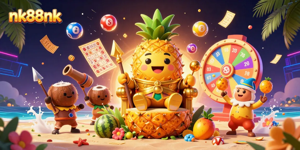 Experience exciting games at nk88nk with a vibrant casino scene featuring a golden pineapple king and dynamic lottery elements.