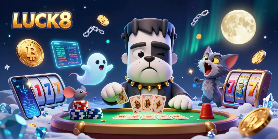 Play at LUCK8 with engaging characters and vibrant casino elements, showcasing thrilling gaming action.