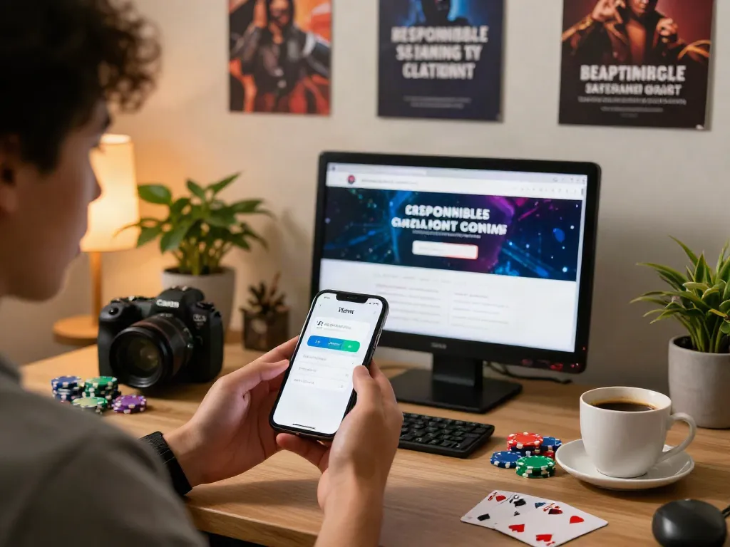 Kontoeröffnung im Casino mit itsme auf einem Smartphone in einem einladenden Home-Office.