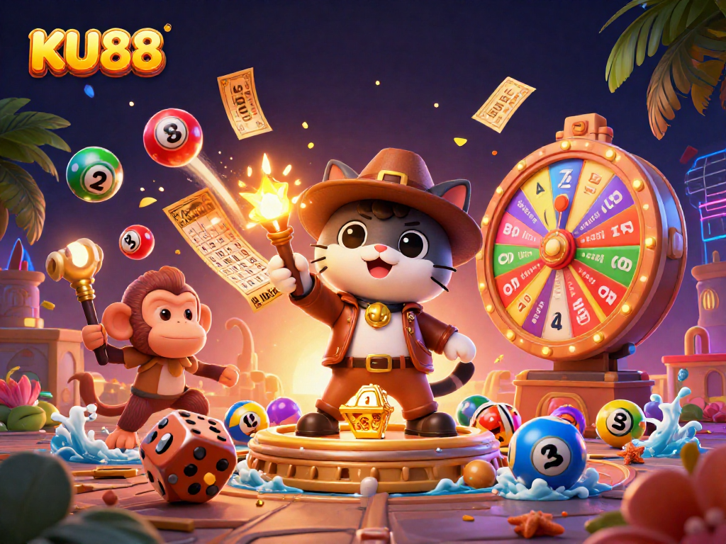 Engage in thrilling adventures with KU88, where a cat archaeologist and monkey explore vibrant casino artifacts.