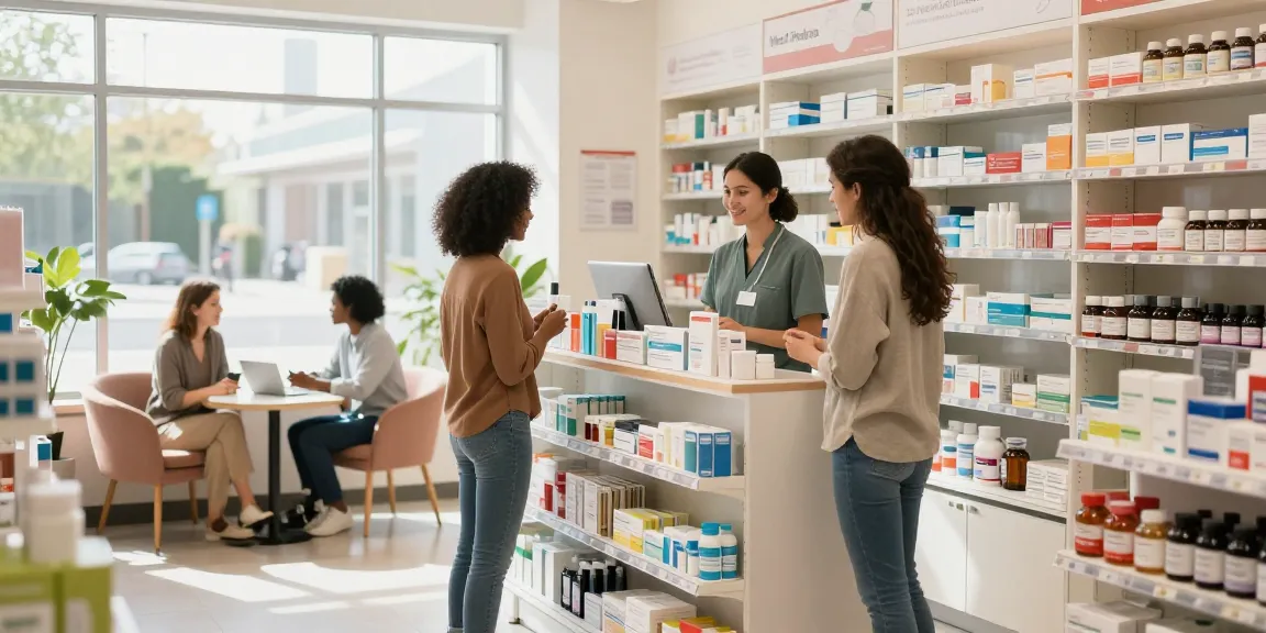 Kundenberatungen im Medi Pharma Shop mit freundlichem Personal in einer einladenden Apothekenumgebung.