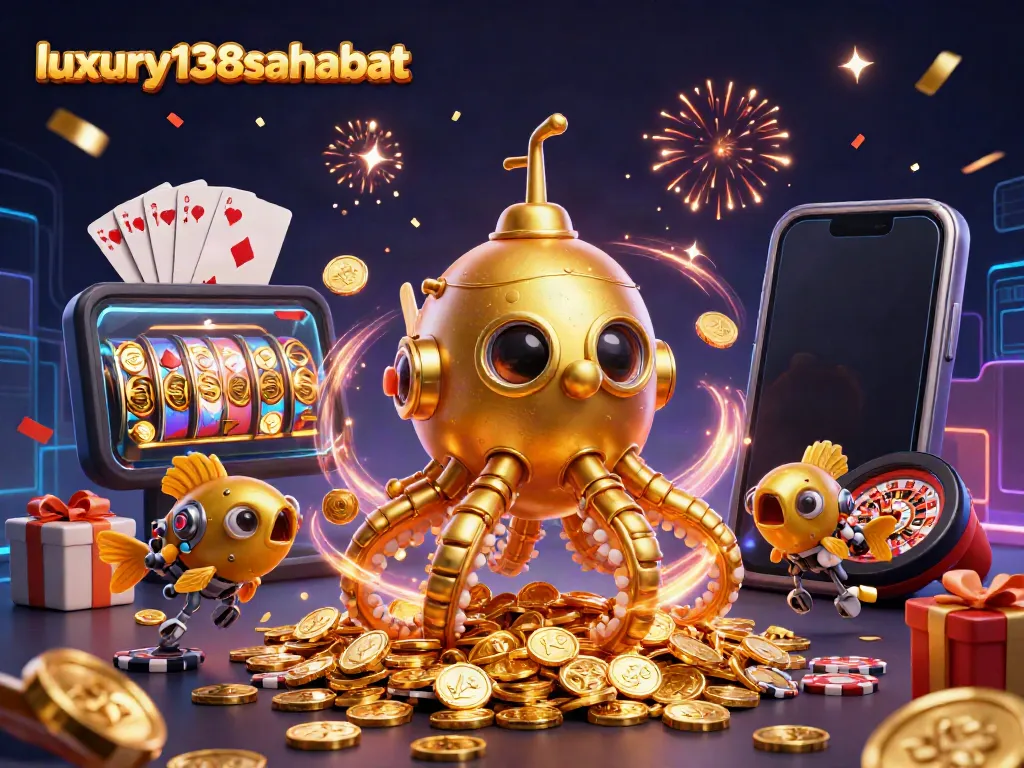 Permainan lotere terasa mendebarkan di luxury138sahabat dengan simbol slot yang berputar dan koin emas.