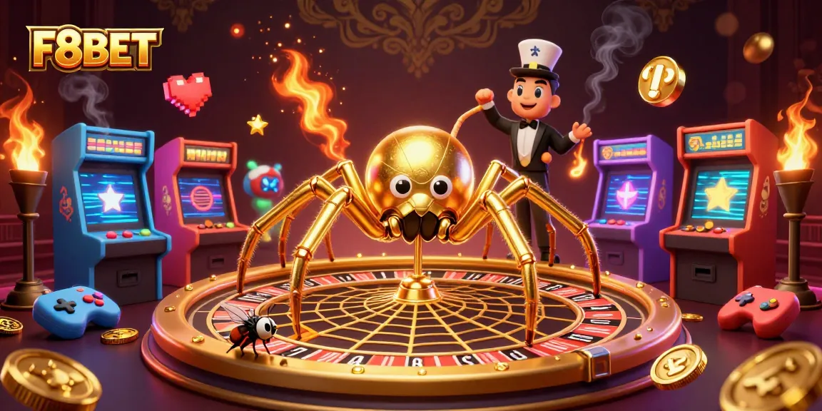 Experience the thrill of F8BET as a golden spider spins a roulette web, with vibrant casino elements