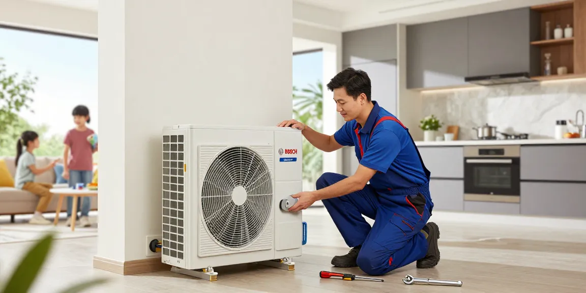 Installation of a wärmepumpe bosch heat pump by a technician in a modern home environment, showcasing efficient home heating.