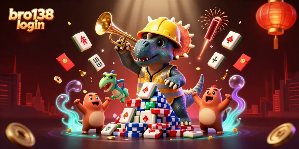 Experience a vibrant celebration with bro138 login as cartoon dinosaurs build poker chip pyramids.
