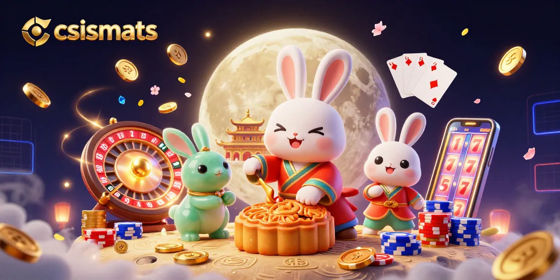 Engage with csismarts in a vibrant 3D casino scene featuring moon rabbits and poker chips.