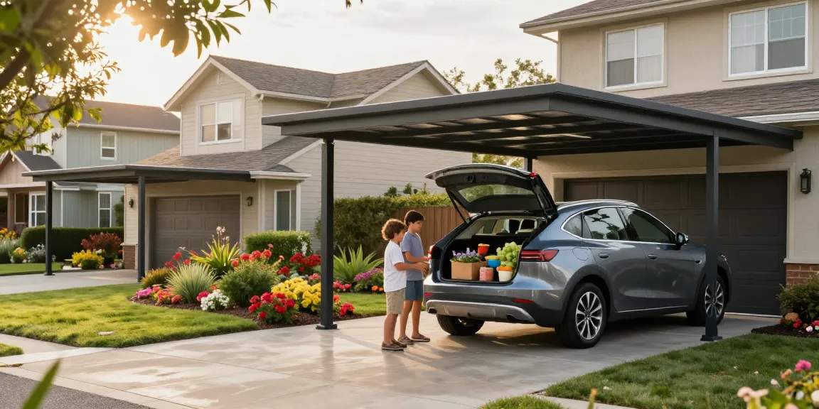 Moderner Carport mit Familienauto, das im Vorgarten geparkt ist, bietet Sonnenschutz und regt zum Entladen der Einkäufe an.
