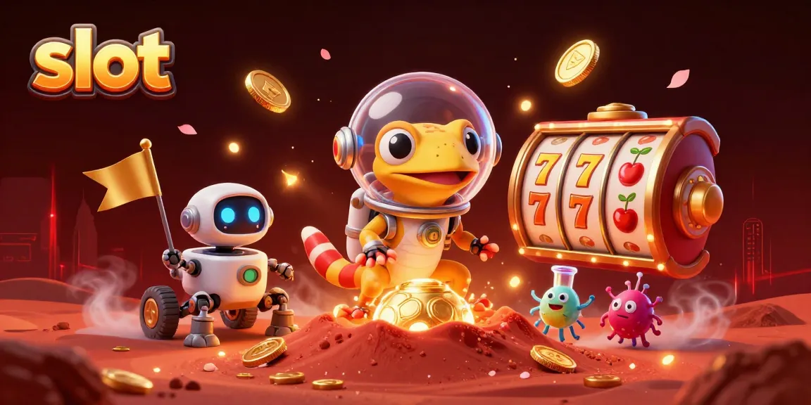 Engage in slot excitement with animated Martian gecko and robot at a vibrant casino scene.