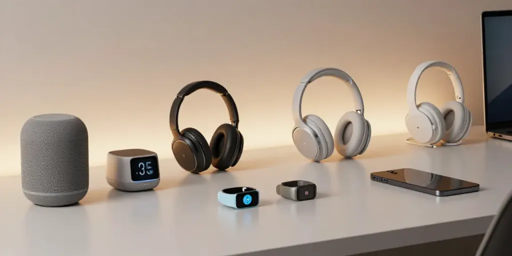 Innovative Gadgets wie Smart Speaker und Fitness Tracker in modernem Arbeitsumfeld.