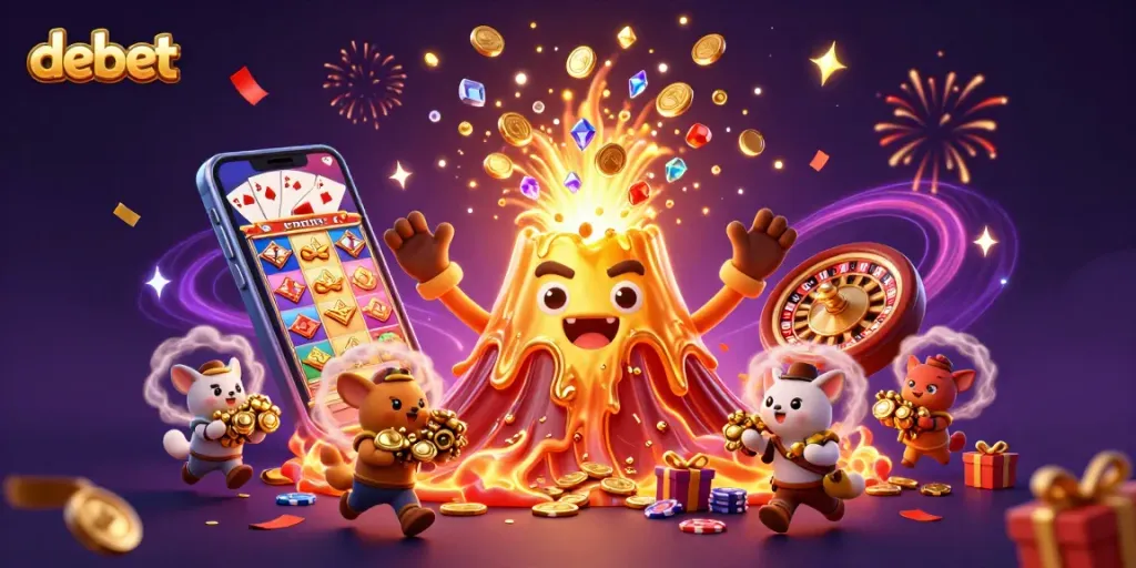 Experience debet's thrilling 3D casino adventure with vibrant golden treasures and lively characters.