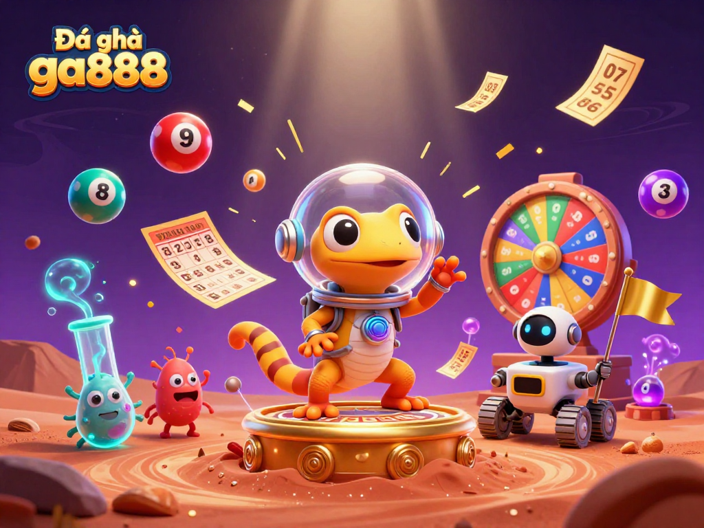 Engage in Đá gà ga888 action with Martian gecko uncovering a golden casino in 3D art.