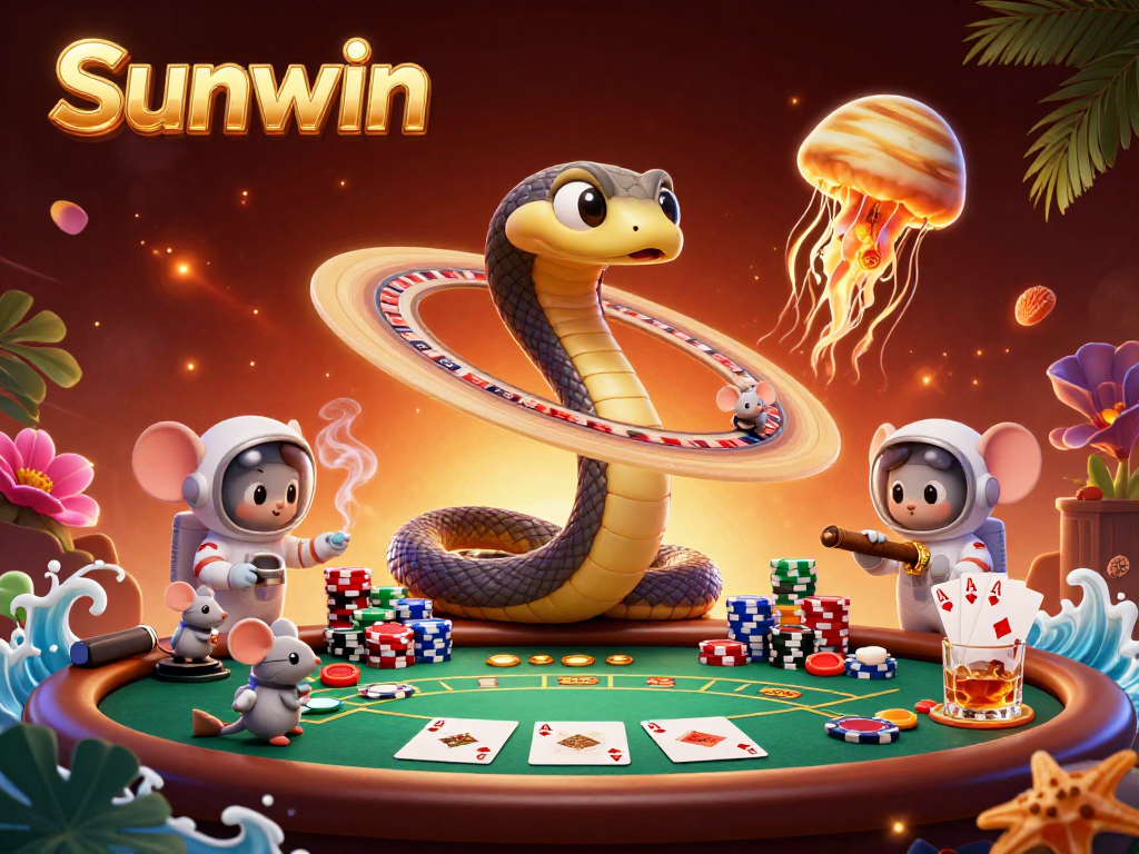 Engage with Sunwin's cosmic casino adventure featuring a Saturn-themed roulette scene and astronaut mice.