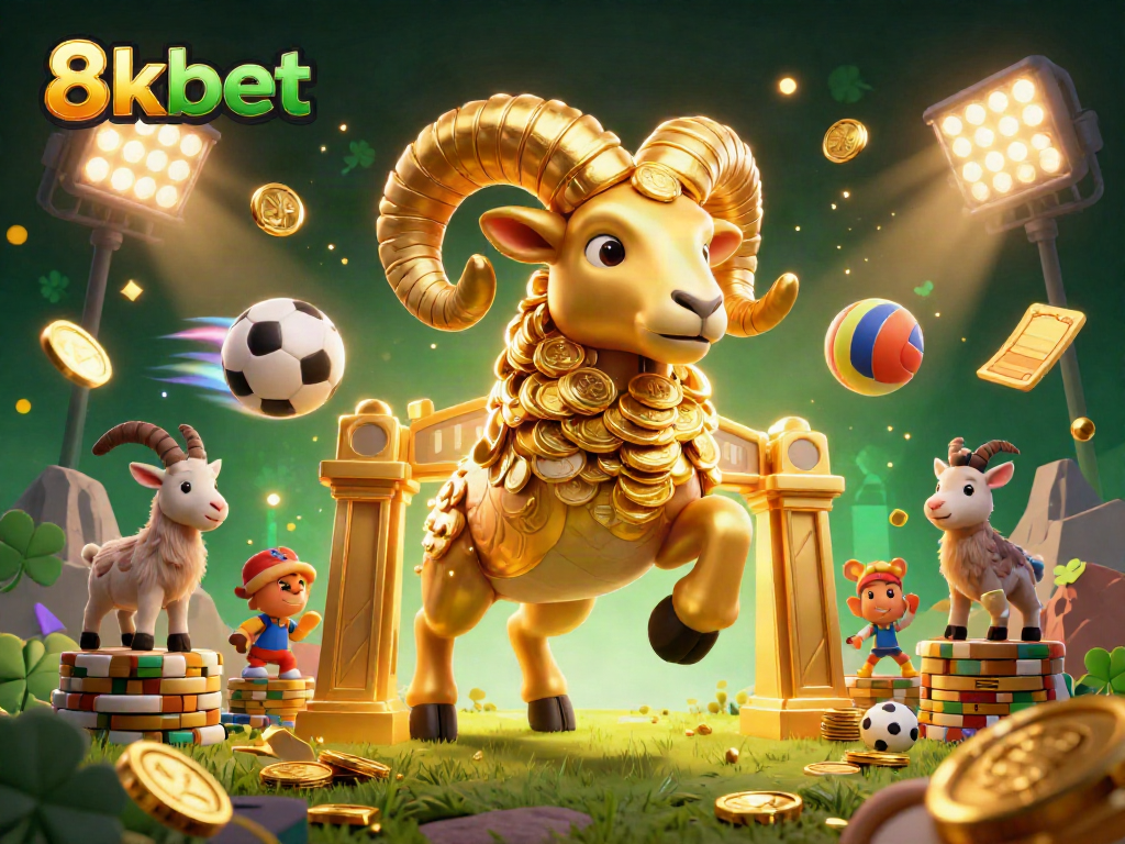 Engage with thrilling action at 8kbet, featuring massive golden ram charging through a dynamic casino scene.