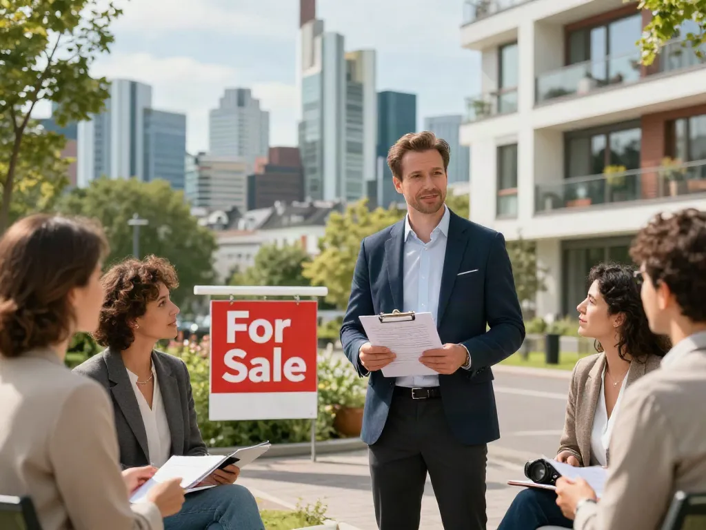 Bester Immobilienmakler Frankfurt präsentiert moderne Wohnungen in Frankfurt am Main mit potenziellen Käufern.