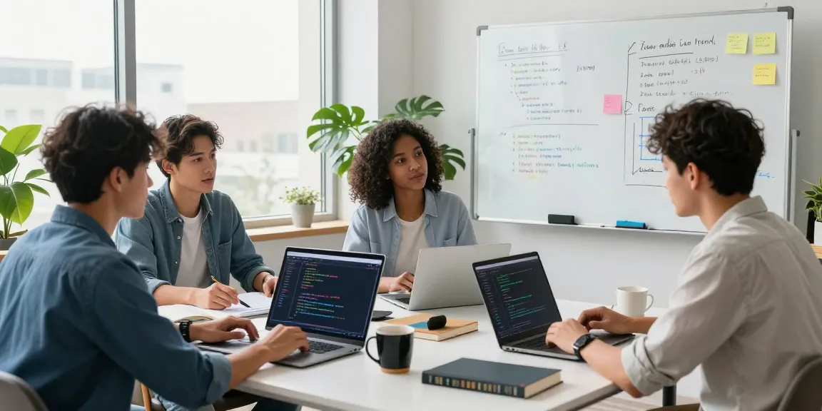 Developers collaborating using an AI code generator in a bright office, showcasing teamwork and innovation.