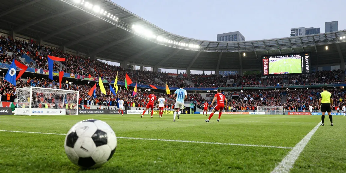 Fussballspiel mit jubelnden Fans und Spielern im Stadion während eines spannenden Matches