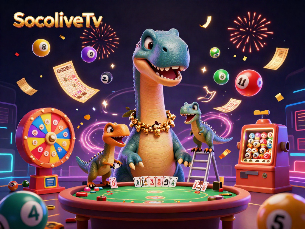 Experience thrilling moments on SocoliveTv with a lively 3D casino scene featuring vibrant characters and gambling elements.