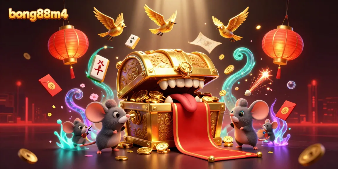 Bong88m4 showcases an engaging 3D illustration of a treasure chest inviting players with golden riches.