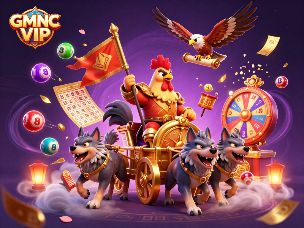 Engaging GMNC VIP graphic showcasing a rooster warlord in a casino-themed illustration with dynamic elements.