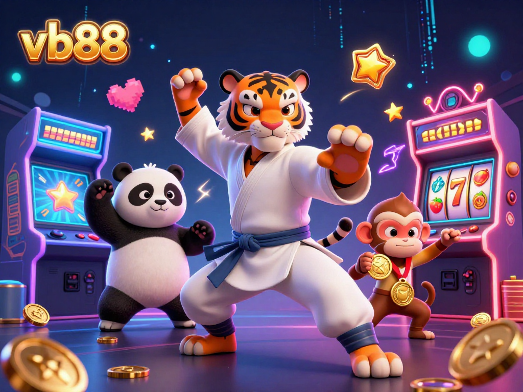 Engage with vb88 through a vibrant casino-themed illustration featuring a kung fu tiger master.