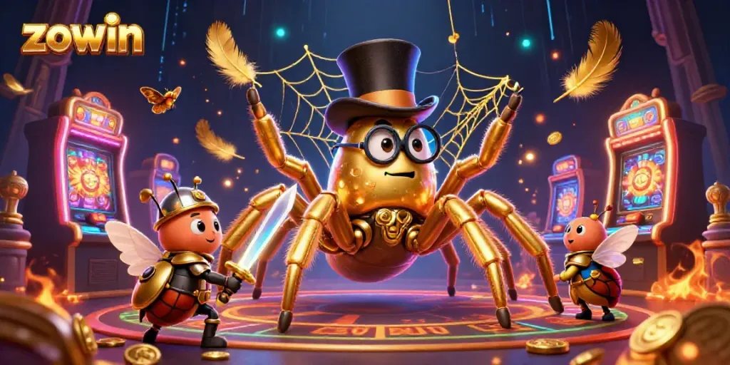 Experience thrilling slots action with Zowin in this colorful casino illustration featuring a golden tarantula.
