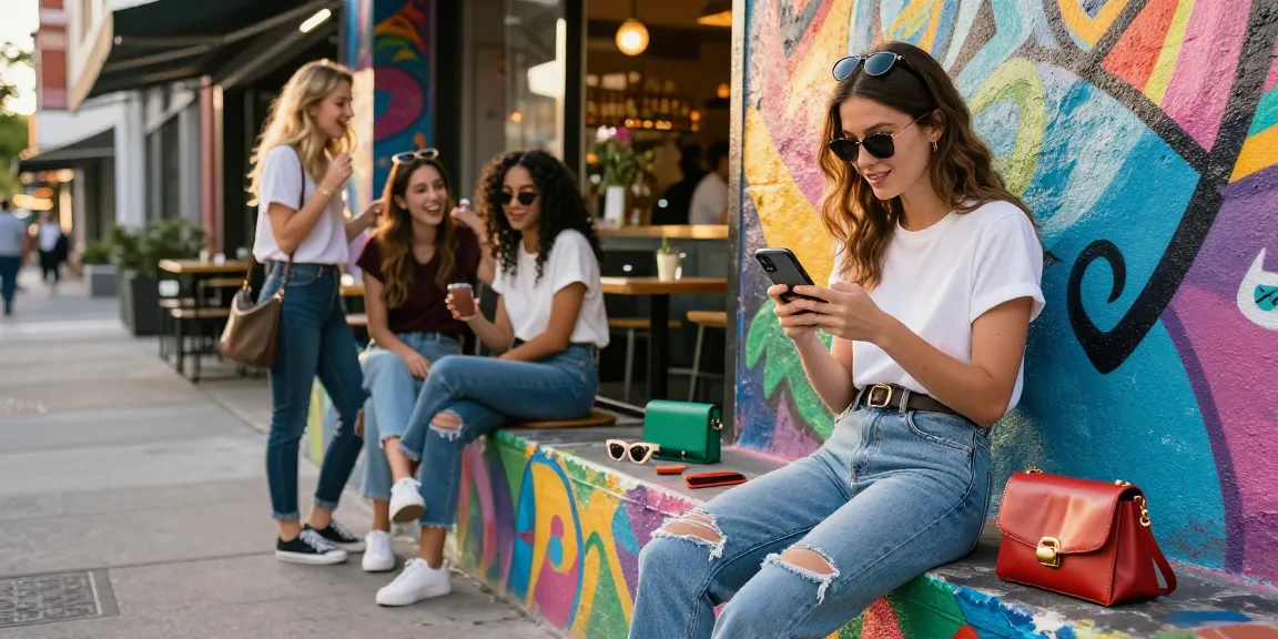 Weibliche Instagram Follower kaufen mit einer Mode-Influencerin in einer stylischen urbanen Umgebung.