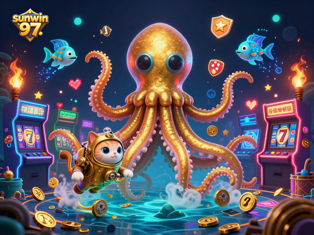 Engage with sunwin 97's thrilling slots experience, featuring a kraken, diving cat, and colorful gaming elements.