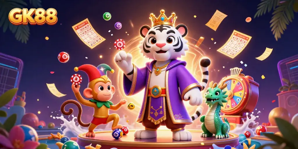 Experience thrilling gaming at GK88, featuring vibrant lottery elements and dynamic characters.