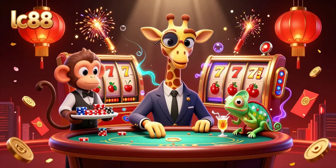 Experience the excitement of lc88 with vibrant 3D visual of high-stakes casino action including slot reels and joyful characters.