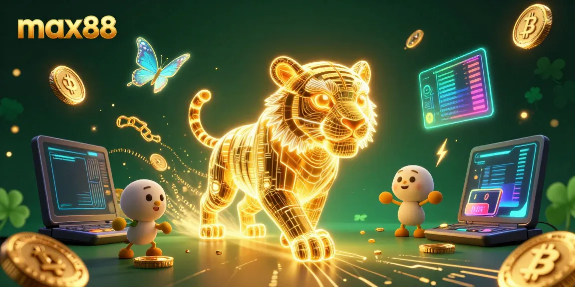 Experience thrilling entertainment at max88 with a glowing golden tiger in a digital casino landscape.