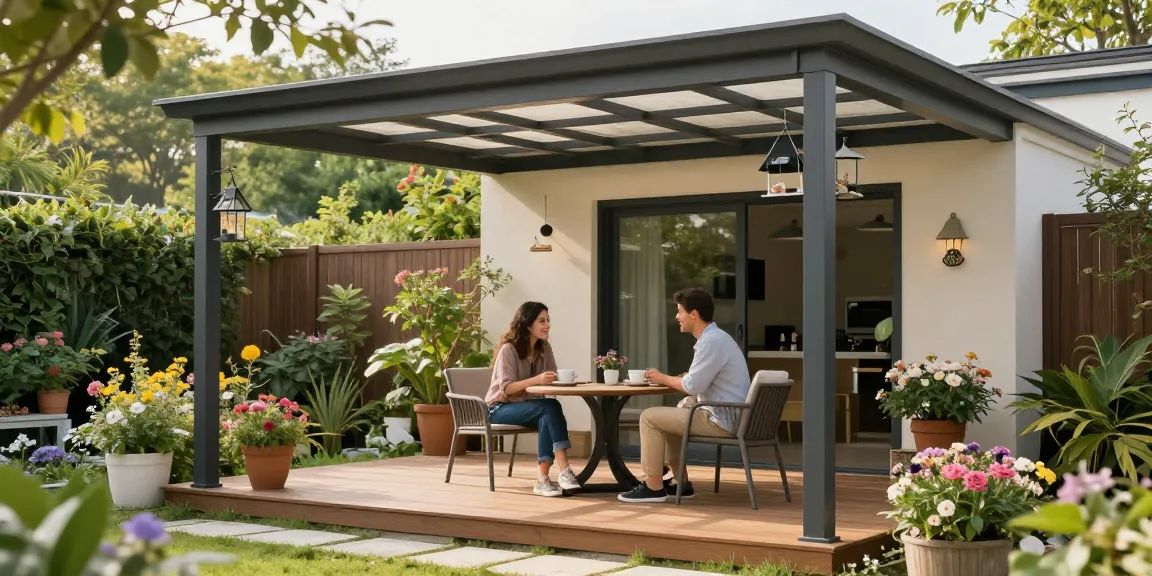 Eine freistehende Terrassenüberdachung bietet Schutz und Stil für entspannte Stunden im Garten.