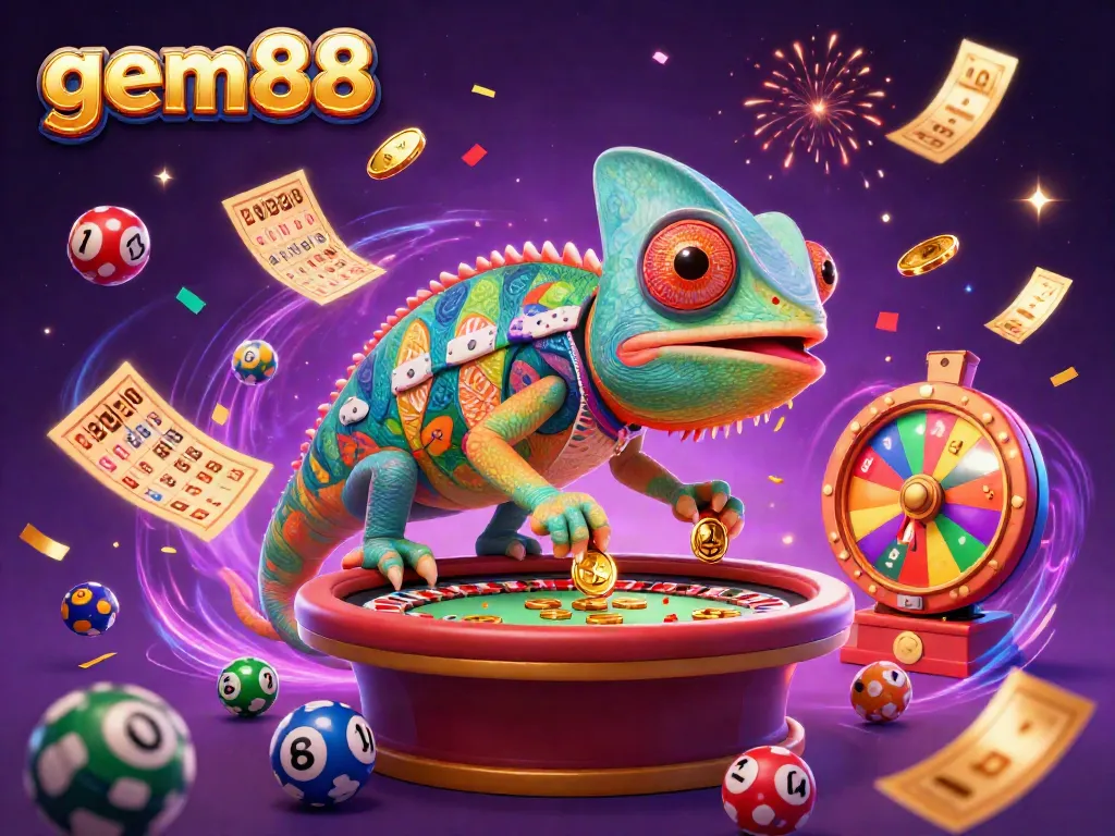 Catch the excitement at gem88 with a vibrant 3D casino scene filled with lottery elements and a chameleon owner.