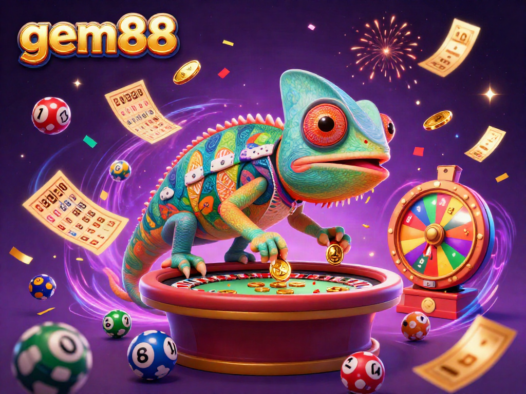 Catch the excitement at gem88 with a vibrant 3D casino scene filled with lottery elements and a chameleon owner.