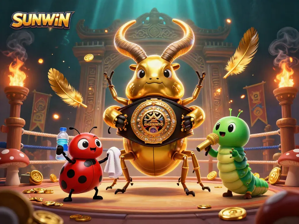 SUNWIN showcases an epic showdown in a vibrant casino arena with a golden beetle, creating an engaging gaming atmosphere.