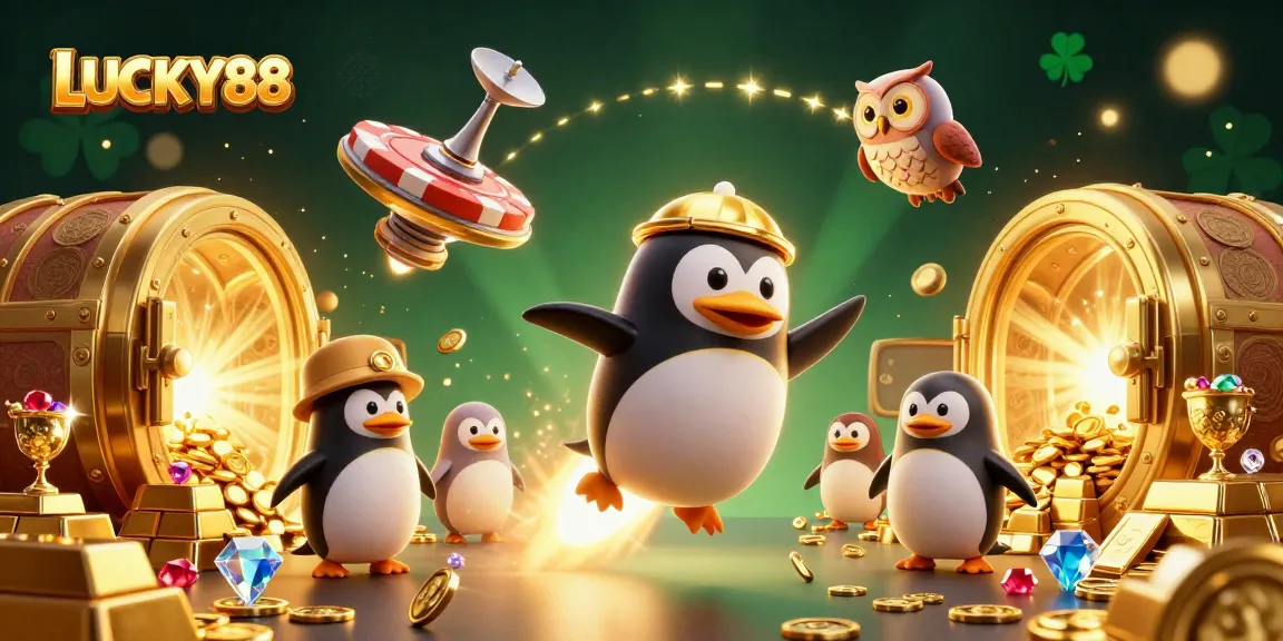 Experience excitement with LUCKY88, featuring a golden penguin racing through a dazzling space casino.