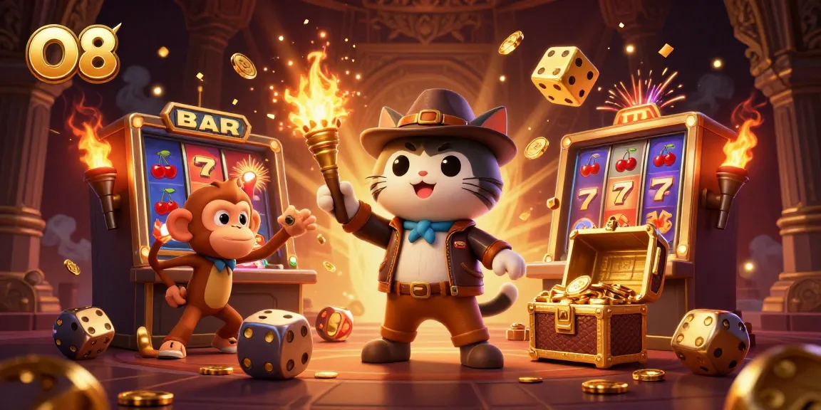 O8 offers an exhilarating gambling experience with a cat archaeologist and monkey, unveiling casino treasure.